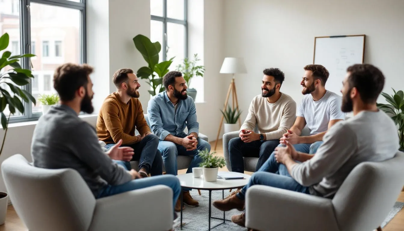 In a modern NYC apartment, a diverse group of men participates in an online therapy session led by licensed therapists, focusing on mental health challenges such as anxiety, depression, and substance abuse. The men engage in open discussions, sharing their feelings and coping strategies, creating a supportive environment for personal growth and healing.