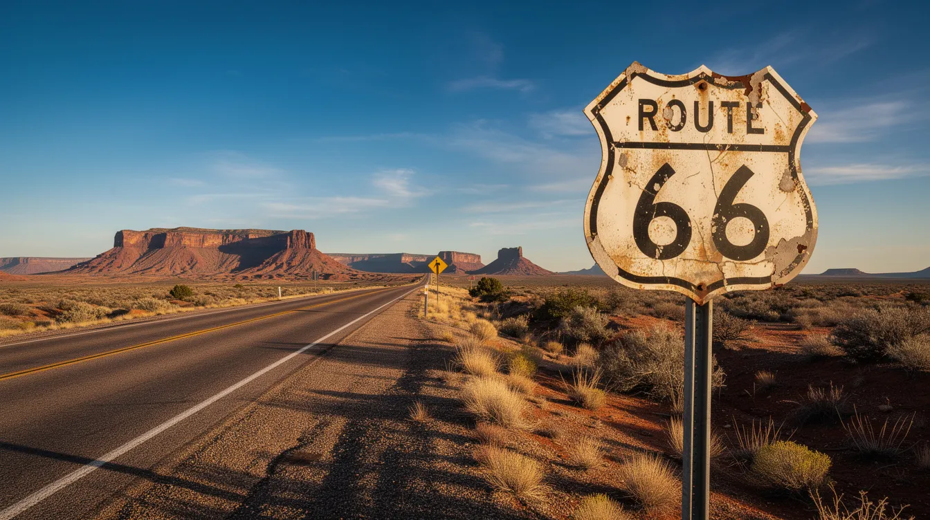 A vintage Route 66 highway shield sign stands proudly beside a two-lane desert road, with striking red rock mesas in the background under a vast blue sky. This iconic symbol of the historic route invites travelers to explore the scenic beauty and adventure of America's "Mother Road."