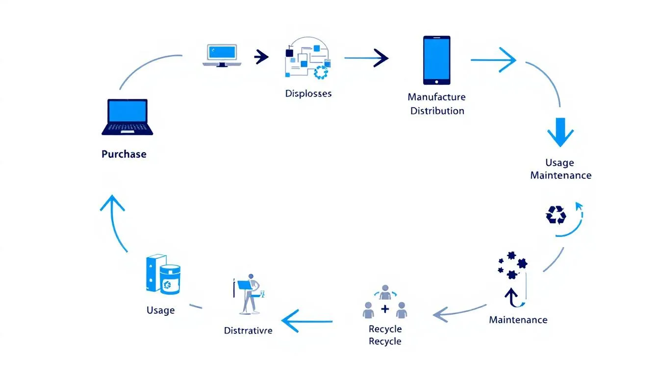 Grafik, die den Lebenszyklus von Laptops vom Kauf bis zur Entsorgung darstellt.
