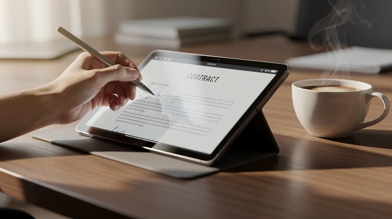 A person is digitally signing a document on a tablet while enjoying a cup of coffee beside them, illustrating a modern approach to handling financial paperwork. This scene captures the convenience of technology in managing personal finances, such as loan applications and repayment plans.