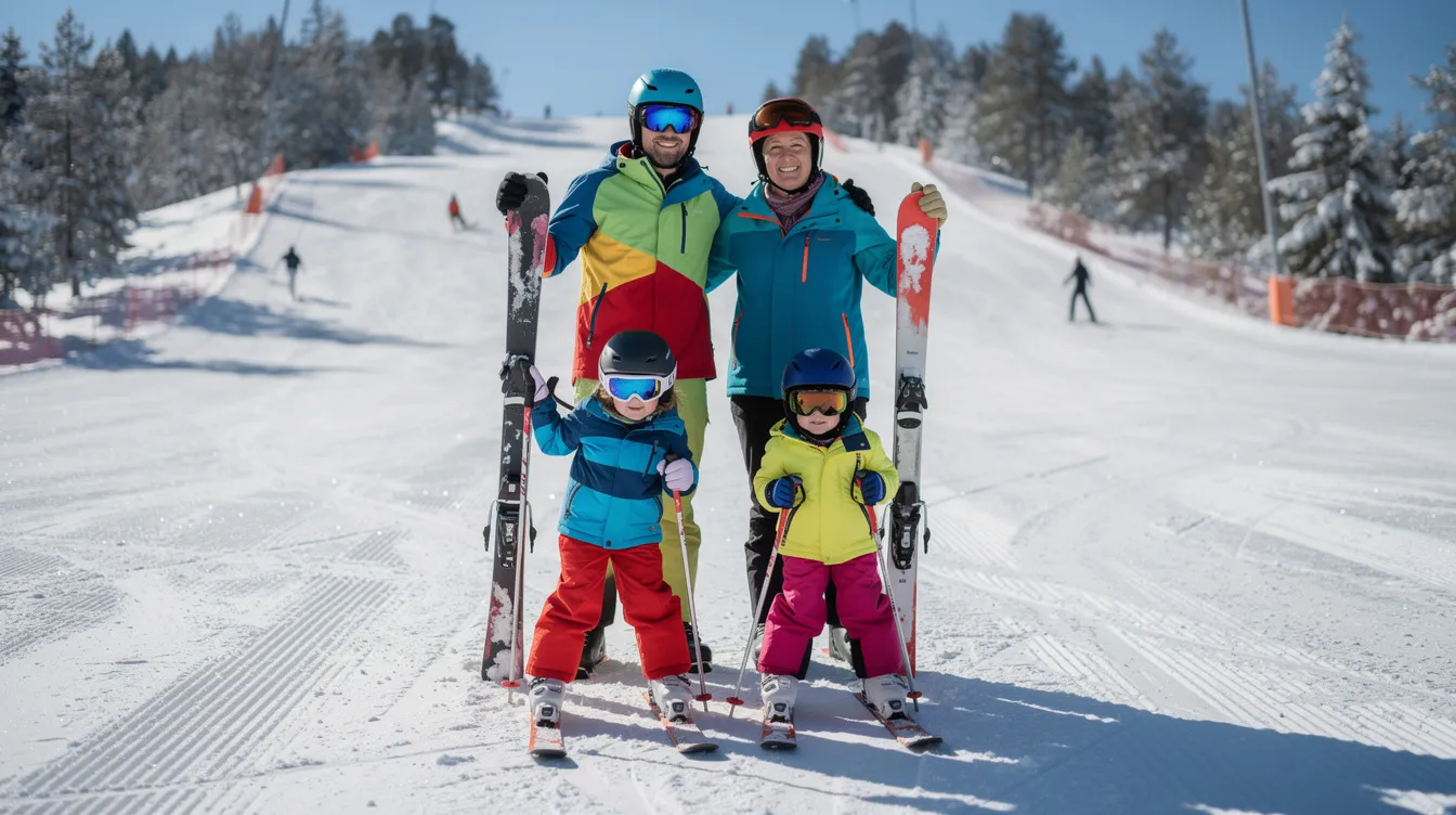 Eine Familie steht auf einer sonnigen Skipiste, ausgestattet mit Skiausrüstung, bereit für die Abfahrt. Die Eltern und Kinder tragen Skischuhe und Helme, während sie sich auf die bevorstehenden Abfahrten vorbereiten, wobei die richtige Einstellung der Skibindungen für Sicherheit und Spaß beim Skifahren wichtig ist.