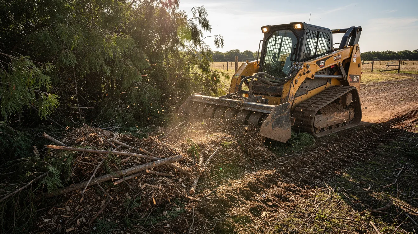The image showcases a heavy-duty forestry mulcher attachment on a tracked skid steer actively clearing dense cedar brush and overgrown trees in a rural lot in Yukon, Oklahoma. Wood chips are flying through the air as dramatic sunlight filters through the tree branches, highlighting the equipment's ultra-realistic texture and detail in this excavation project.