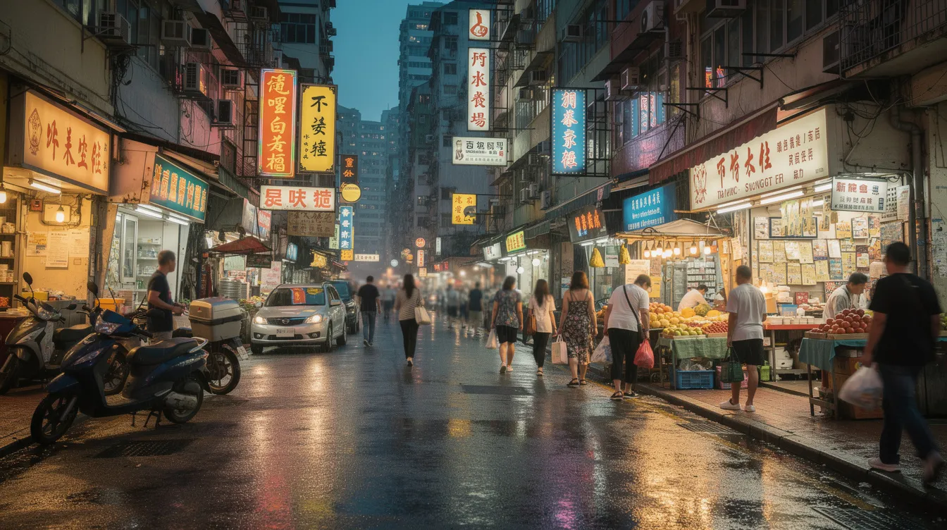 The image depicts a bustling Hong Kong street in the evening, illuminated by warm lights, showcasing small shops and businesses with vibrant signs and displays. The scene captures the essence of urban life, where various local enterprises thrive, hinting at opportunities for 中小 企 融資 擔保 and private loans for entrepreneurs.