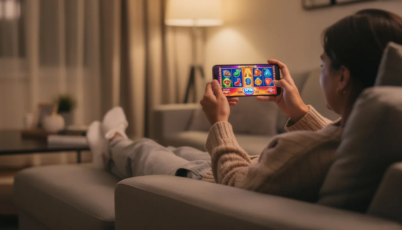 En person sitter avslappnat på en soffa och spelar ett slotspel på sin smartphone. Scenen fångar känslan av gaming och underhållning i hemmet, med en modern atmosfär från Stockholm.