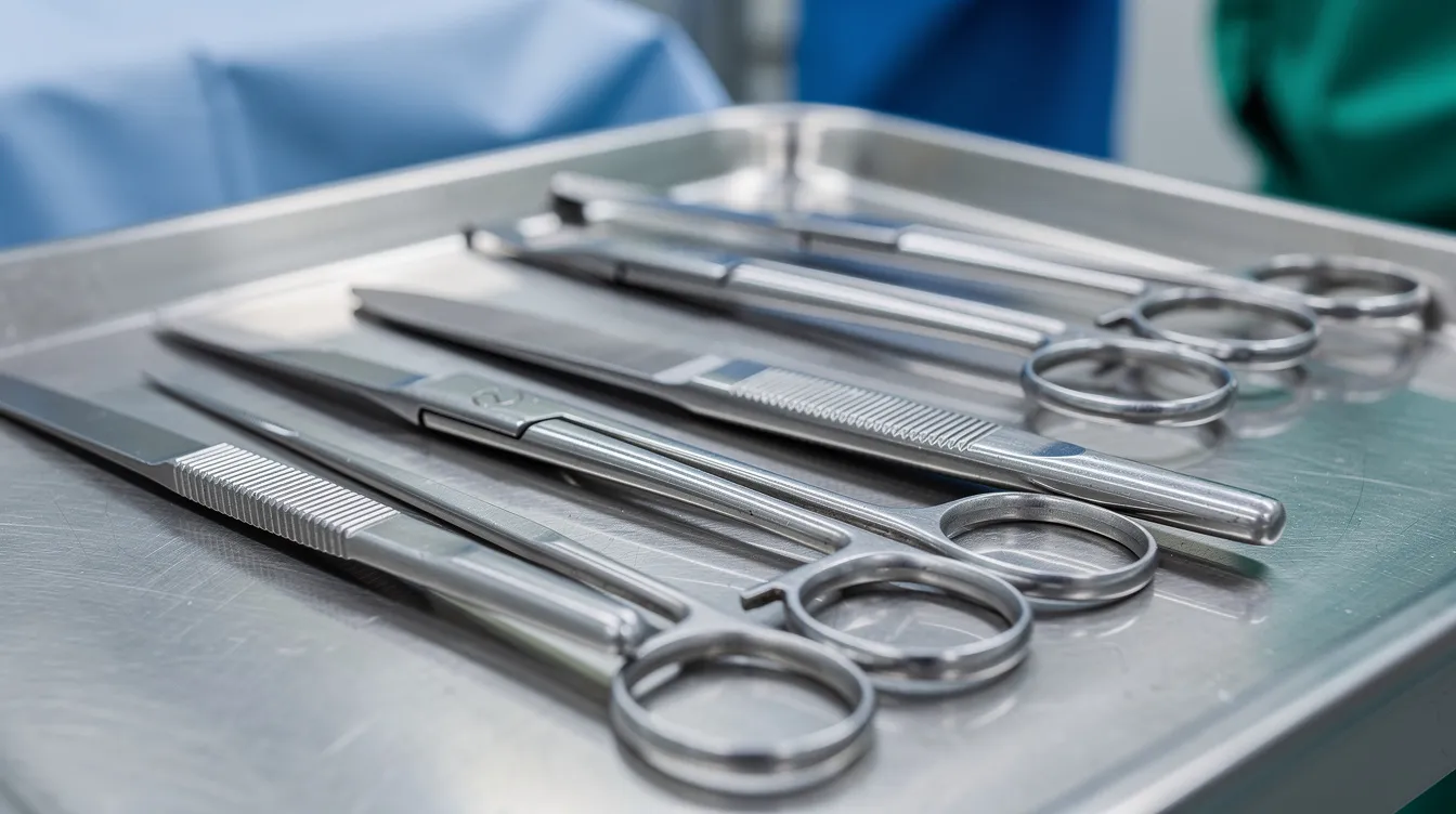 The image shows a close-up view of sterile surgical instruments neatly arranged on a stainless steel tray, ready for use in a liposuction procedure. These instruments are essential for advanced body contouring techniques, such as vaser liposuction, which selectively target unwanted fat while minimizing trauma to surrounding tissues.