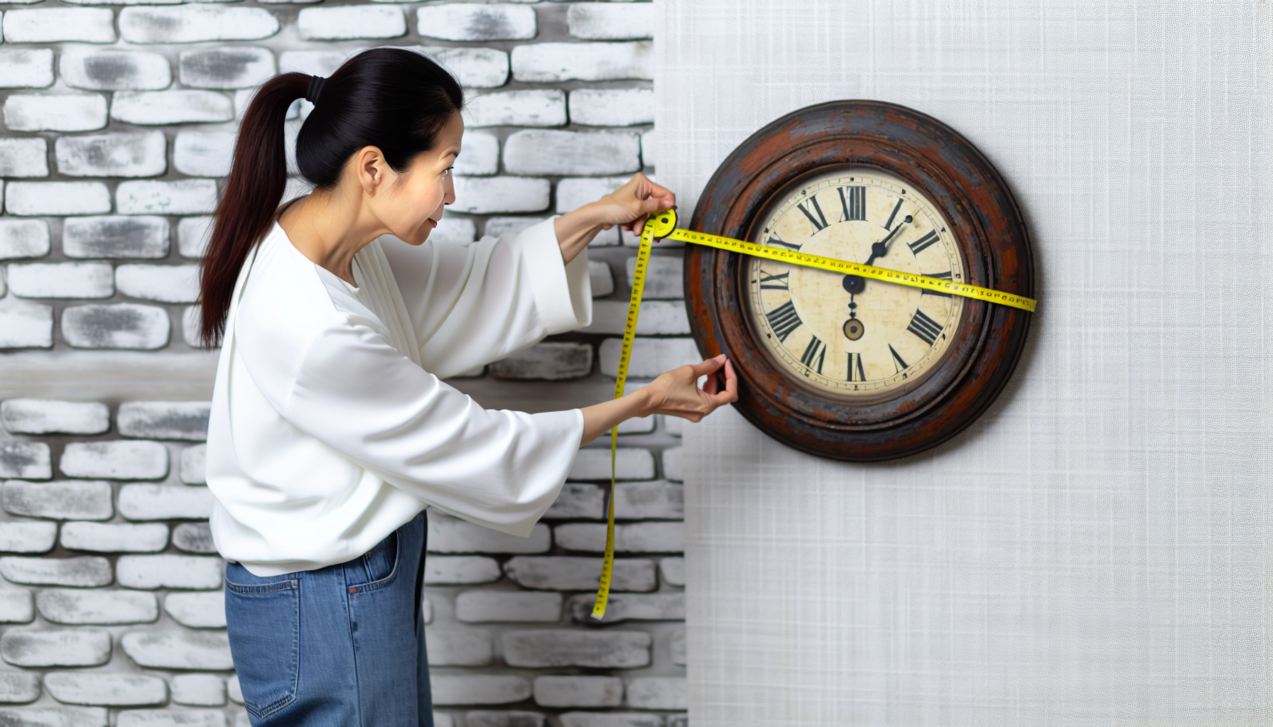 A person measuring the size of a vintage wall clock to ensure a perfect fit