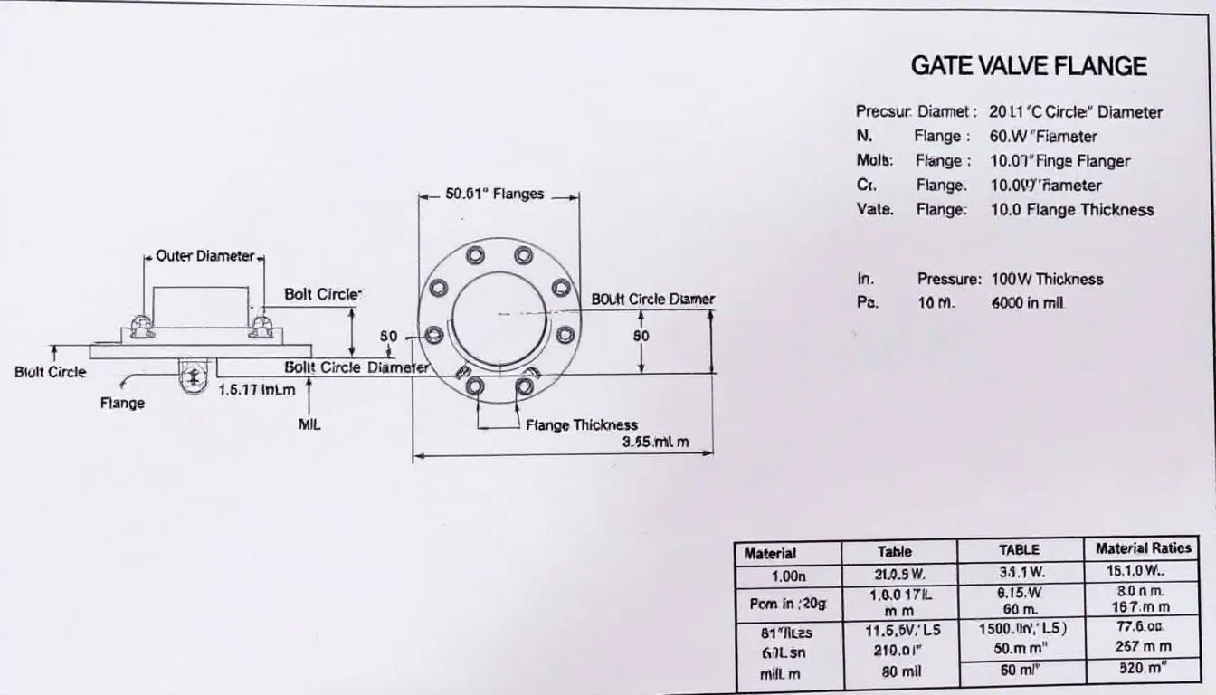 The image features a detailed technical drawing of a gate valve, highlighting flange dimensional parameters such as bolt circle diameter and flange thickness, made from ductile iron or cast iron. It includes specifications for pressure ratings and dimensions, ensuring easy operation and certified designs for various applications.
