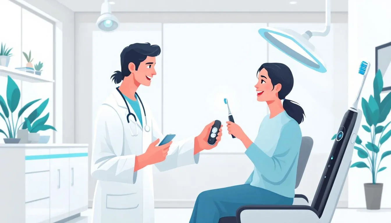 A dental professional recommending an electric toothbrush for patients with gum disease.