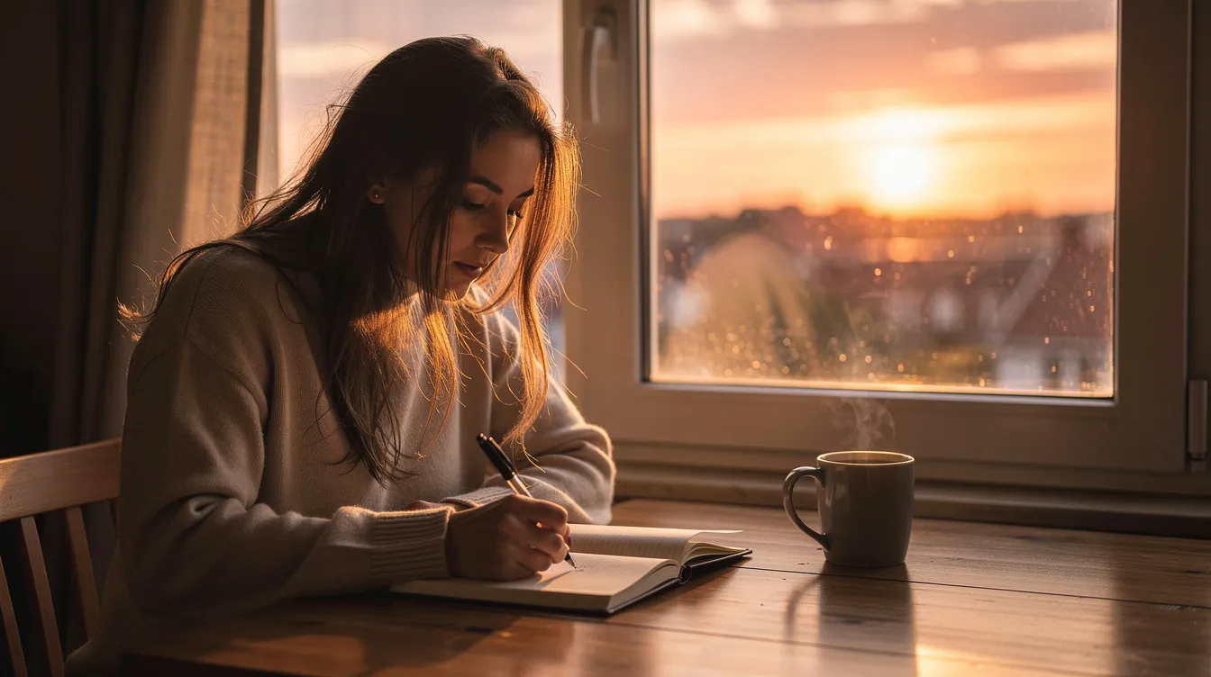 A woman sits by a window at sunrise, writing in her journal, embodying the spirit of strong women who change the world. Her reflective moment symbolizes the power of words and the potential for personal growth and success in her own life.