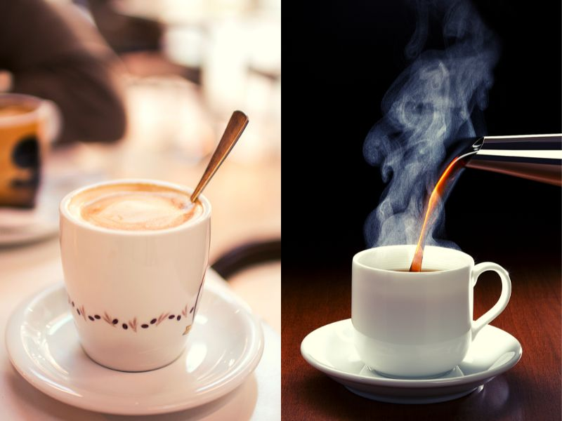 Copo cheio de café com leite + Café quente sendo servido. Fotos: Adriana Calvo + studiocasper - Canva