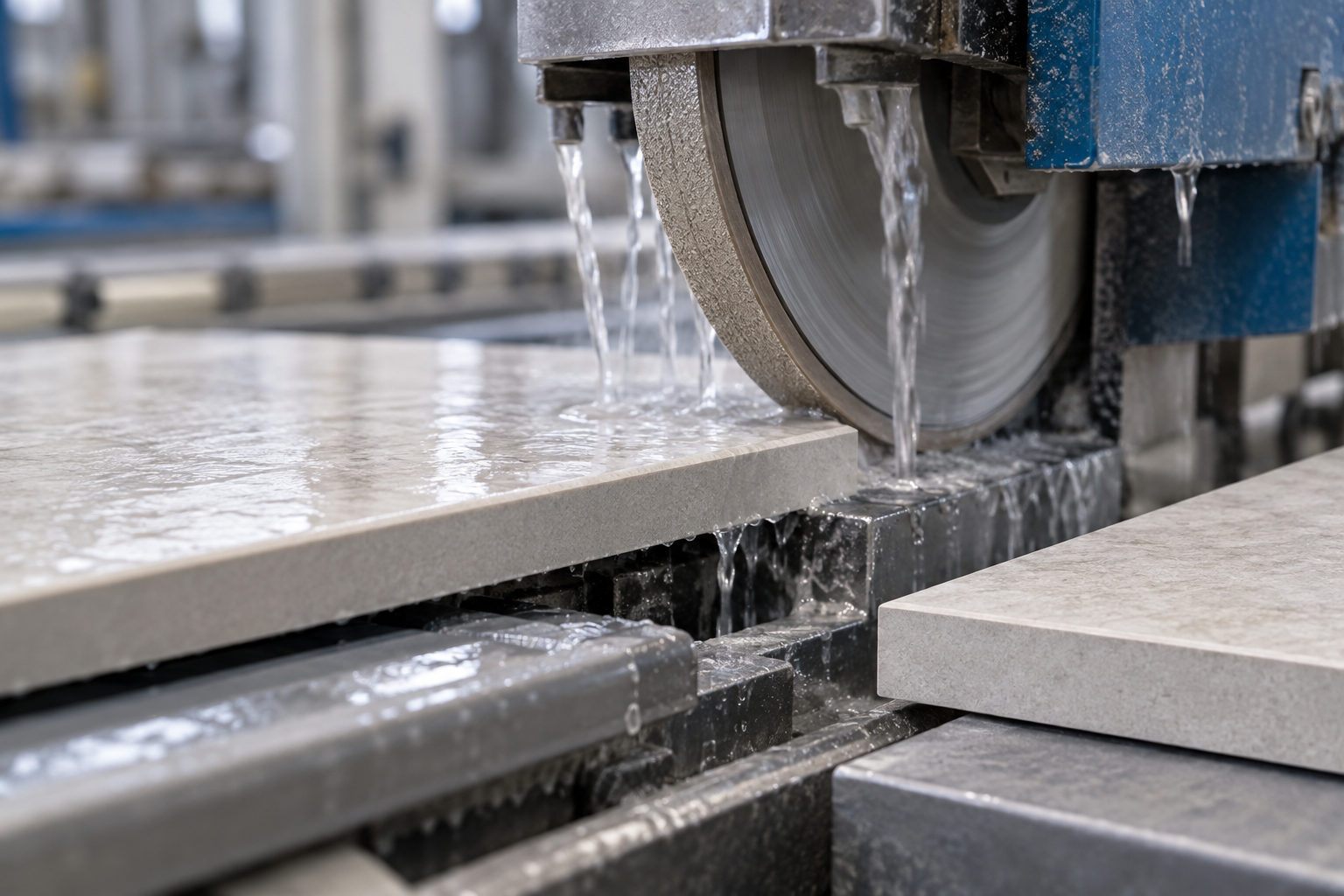 Wet saw cutting a light stone tile slab during precision tile fabrication.