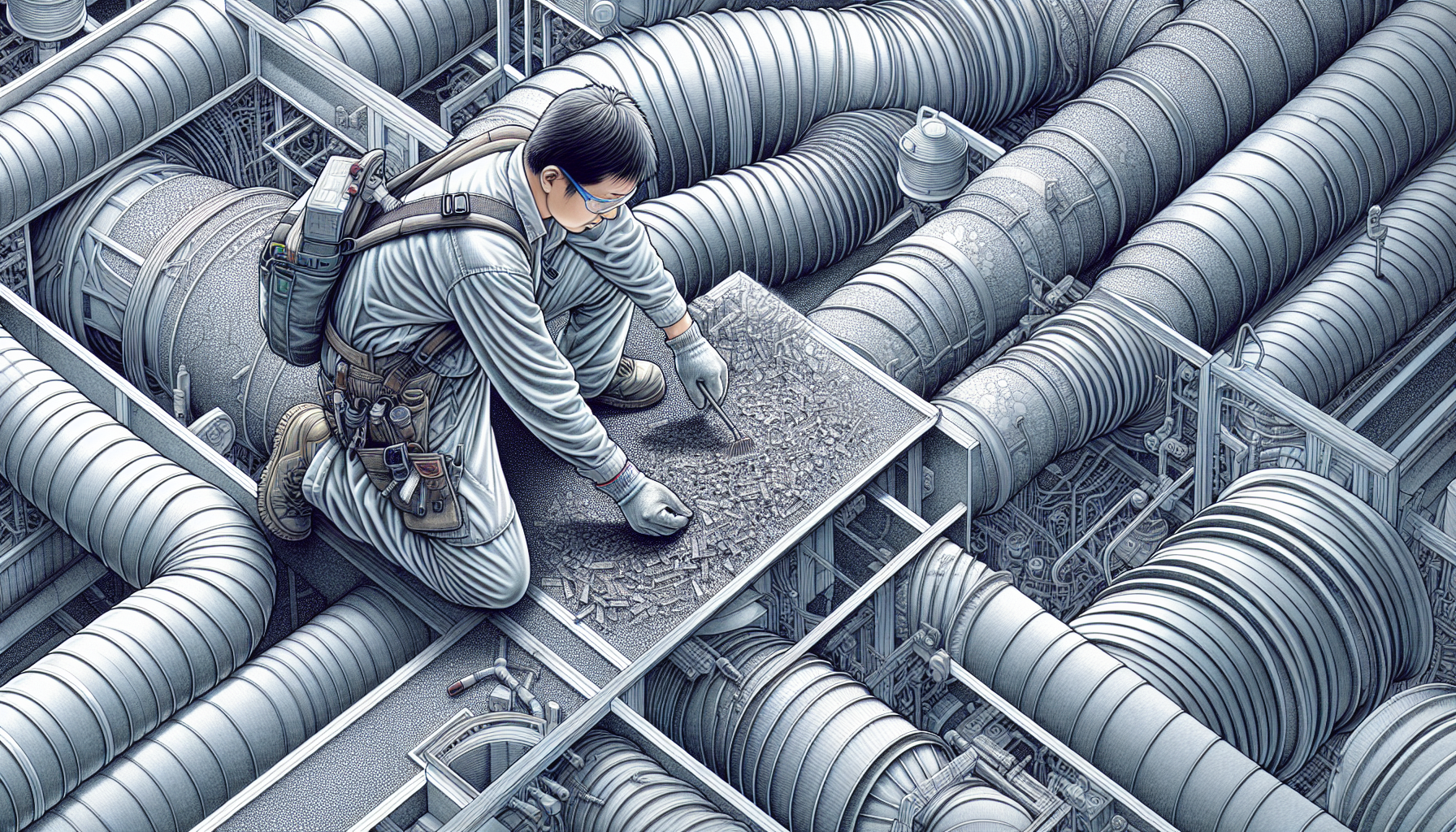 Illustration of a person conducting maintenance on a ventilation system