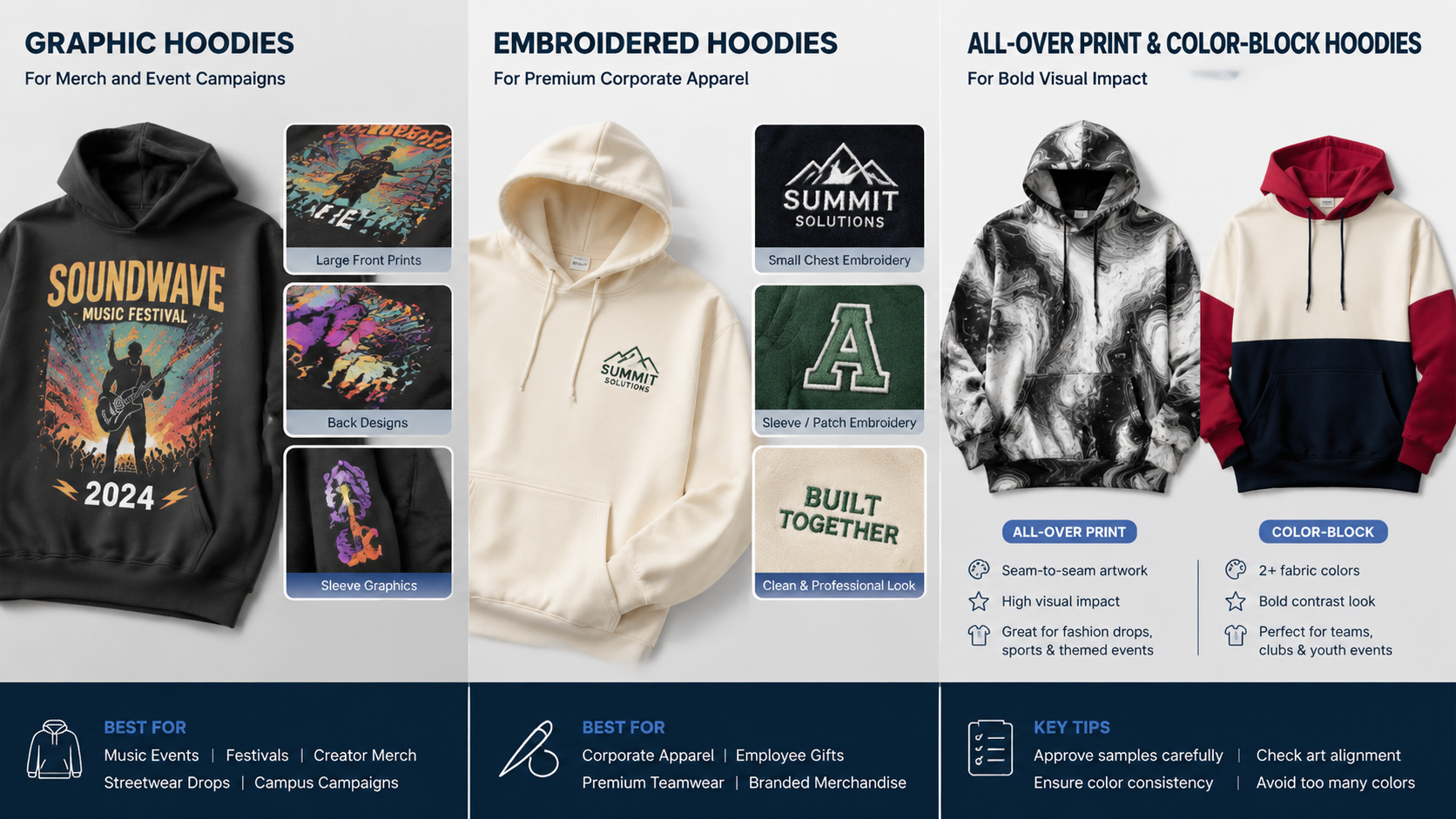 Graphic hoodie, embroidered hoodie, and all-over-print hoodie styles for different branding goals
