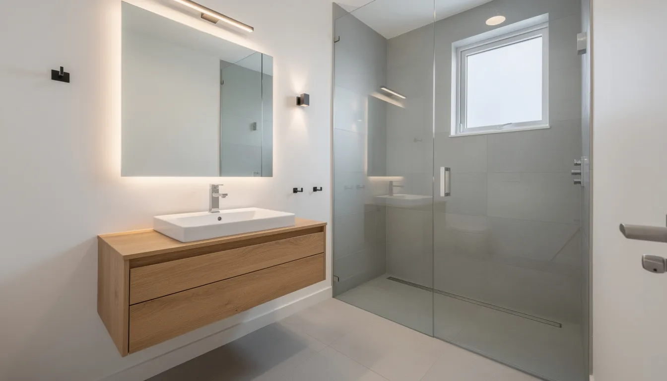 Bathroom Remodeling Ideas: 75+ Ways to Upgrade Your Space in 2026 2 The image depicts a small bathroom featuring a sleek glass walk-in shower and a wall-mounted floating vanity with gold fixtures, maximizing space and functionality. Natural light floods the room, highlighting the stylish tile patterns and creating an inviting atmosphere for homeowners seeking bathroom remodeling ideas.