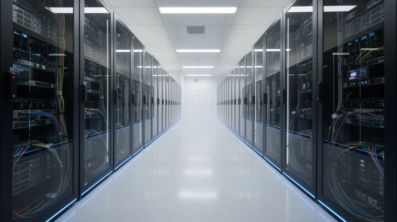 The image depicts the interior of a modern data center featuring rows of illuminated server racks under blue LED lighting, showcasing organized cable management. This environment supports optimal server resources essential for improving website speed and performance, including hosting plans for WordPress sites.