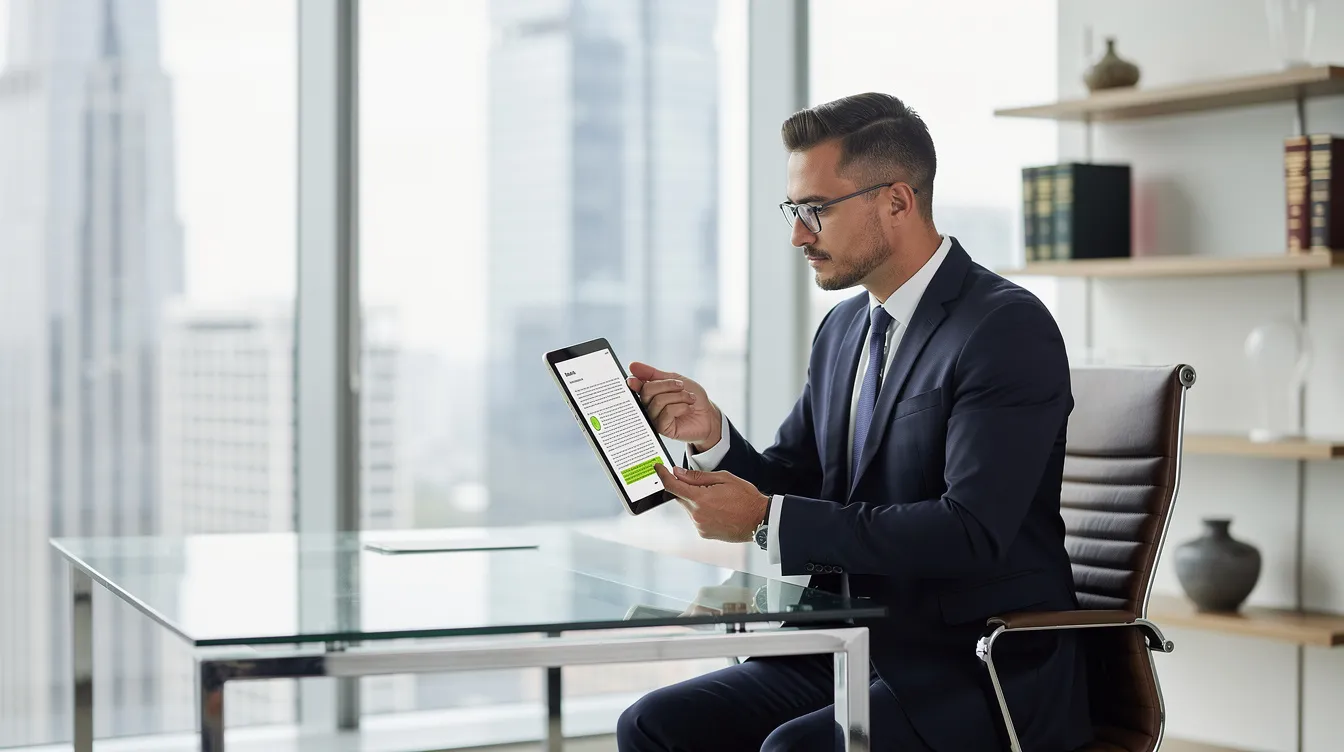 A lawyer is seated at a sleek modern desk, intently reviewing legal documents on a tablet in a contemporary office environment. The scene highlights the integration of legal technology and AI tools in the legal profession, emphasizing the efficiency and precision required for document analysis and legal research.