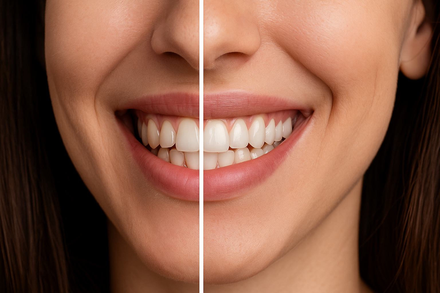 Nærbilde av kvinne som smiler, med synlige forbedringer i tannstilling og farge takket være kompositt resin bonding.