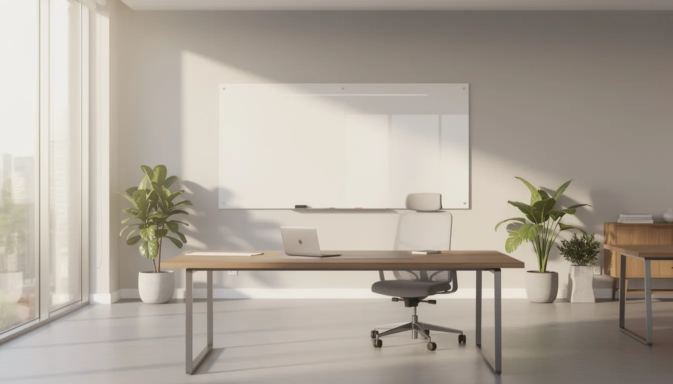 The image depicts a bright modern office featuring a large glass whiteboard mounted on the wall, with natural light streaming through the windows, creating an inviting workspace for team collaboration and idea exploration. This space is designed to help individuals stay organized and effectively plan projects using dry erase markers on the smooth surface of the board.