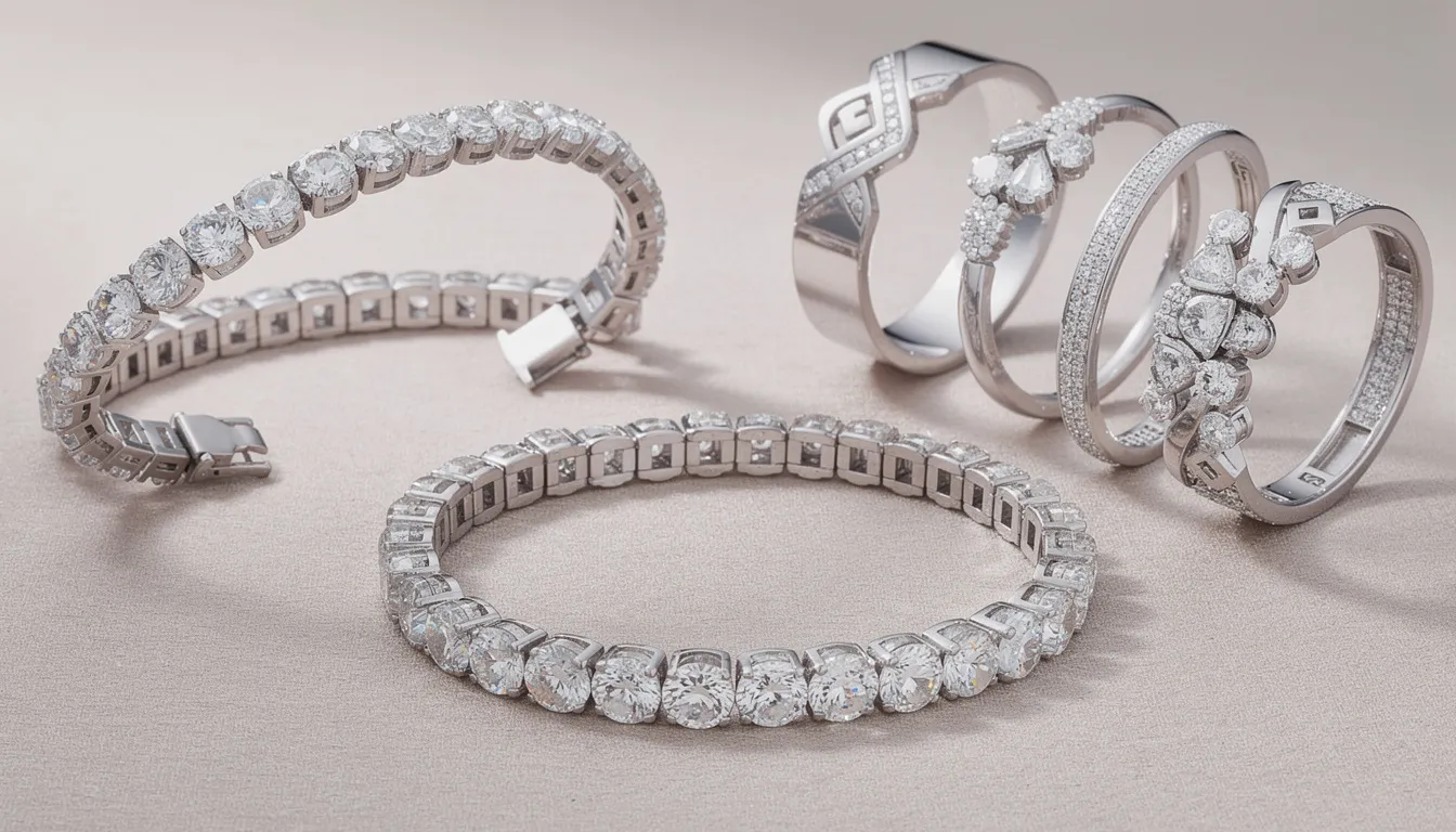 The image showcases a selection of elegant silver cubic zirconia bracelets, including classic tennis bracelets with a continuous line of round sparkling stones, and modern bangles that feature bold designs. These stylish pieces, suitable for various occasions and budgets, shine beautifully and make perfect gifts for women.