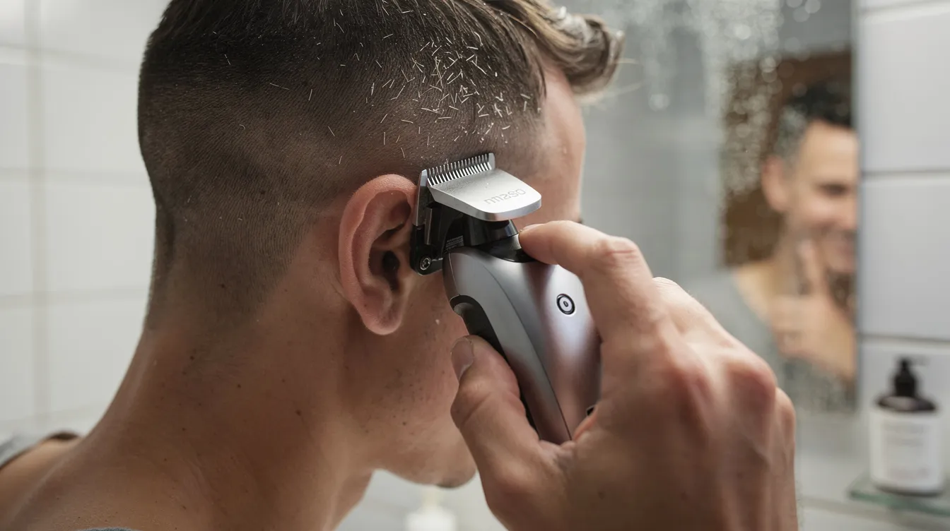 A close-up image shows a person using a cordless hair clipper on the side of their head while looking into a bathroom mirror, highlighting the precision of the hair trimming process. The cordless hair trimmer features a powerful motor and a blade guard for safety, making it ideal for home haircuts.