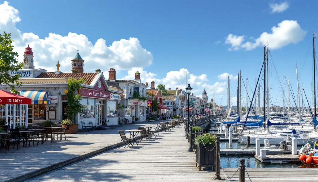 The image shows a vibrant waterfront boardwalk in Cape Harbour, Cape Coral, featuring shops and restaurants with outdoor seating overlooking the marina. People stroll along the boardwalk, enjoying the atmosphere and breathtaking views of the water, creating a lively yachting community ambiance.