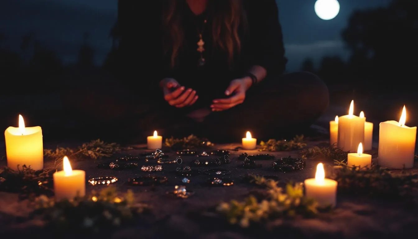 A person is performing a nighttime cleansing ritual under the full moon, surrounded by an array of witch jewelry, including metal necklaces and charms. Candles and herbs are arranged around the items, creating a mystical atmosphere that highlights the connection between nature and witchcraft.