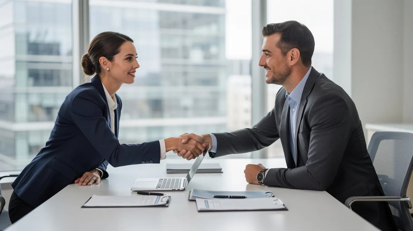 00bb7205 9530 461e a55e 9589dcbe1f3d The image depicts two individuals shaking hands across a desk in a professional office setting, symbolizing a successful partnership between a borrower and a financial institution, potentially related to business loans or the Mudra scheme for micro enterprises. This gesture suggests mutual agreement on financial assistance, highlighting the importance of a satisfactory credit track record for eligible borrowers.