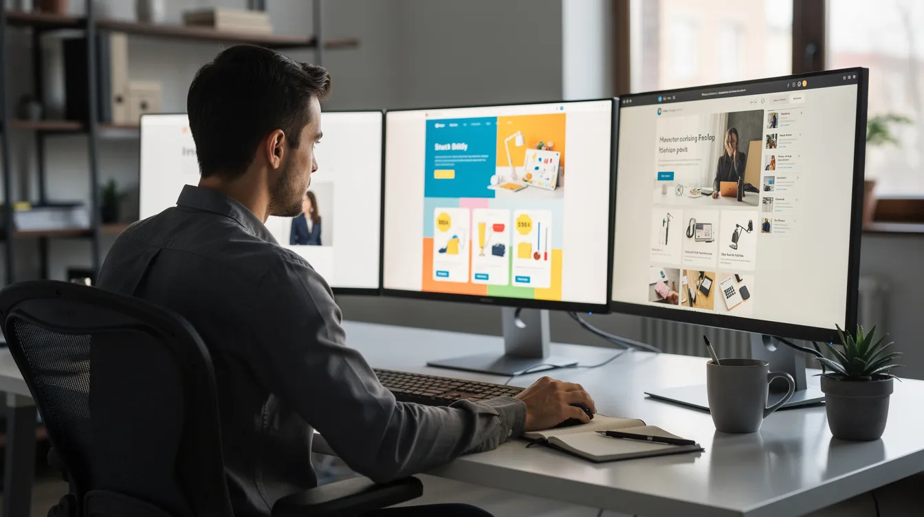 A person is seated at a desk, intently comparing various website designs displayed on multiple monitors, showcasing different Shopify themes and their features. The scene captures the essence of a web designer's workspace, emphasizing the theme selection process for an online store.
