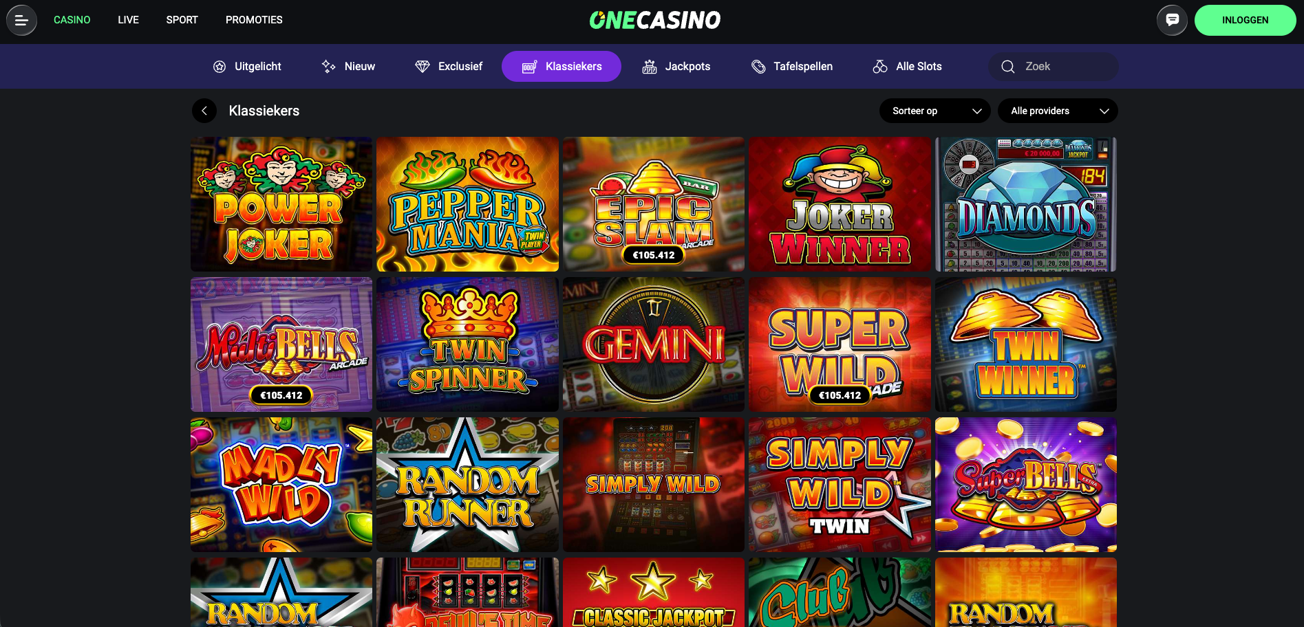 Overzicht van de klassieke casinospellen op OneCasino, met traditionele slots zoals Power Joker, Pepper Mania, Epic Slam, Joker Winner, Diamonds, Multi Bells en Twin Spinner, weergegeven in de categorie “Klassiekers”.