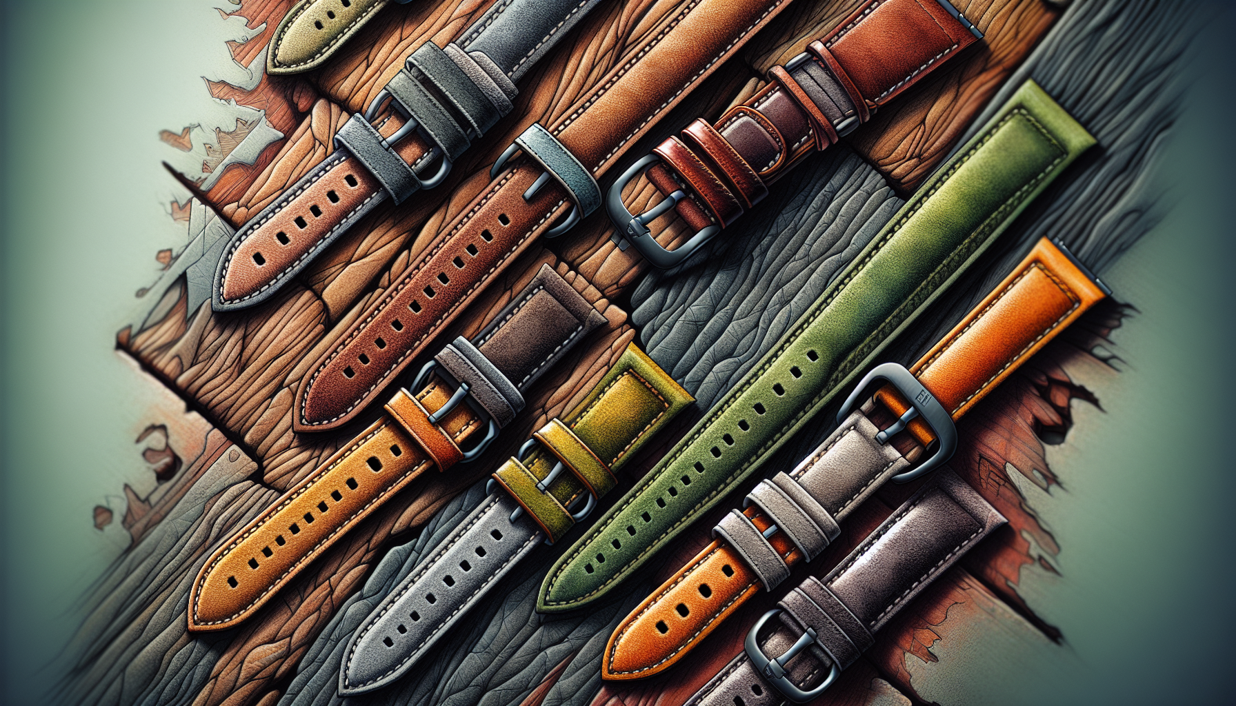 An illustration of various suede leather watch straps in different colors and styles.