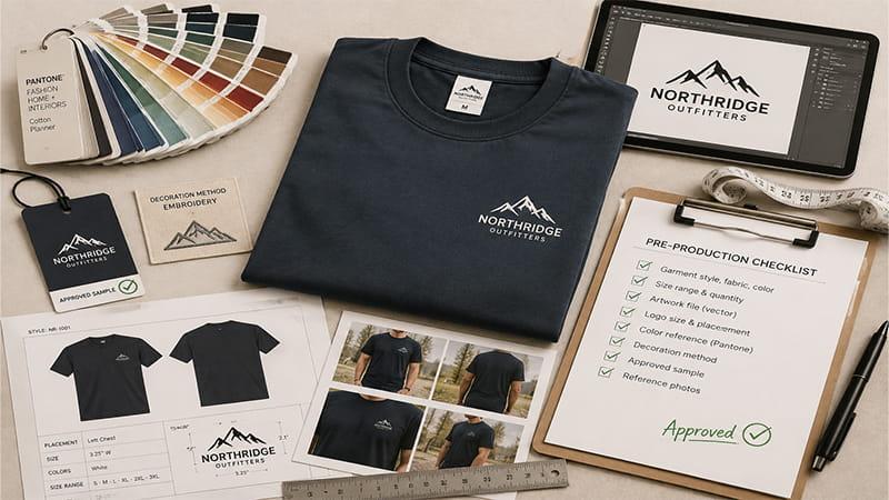 Custom T-shirt logo placement checklist with vector artwork, color references, garment specifications, measurements, decoration method, and approved sample