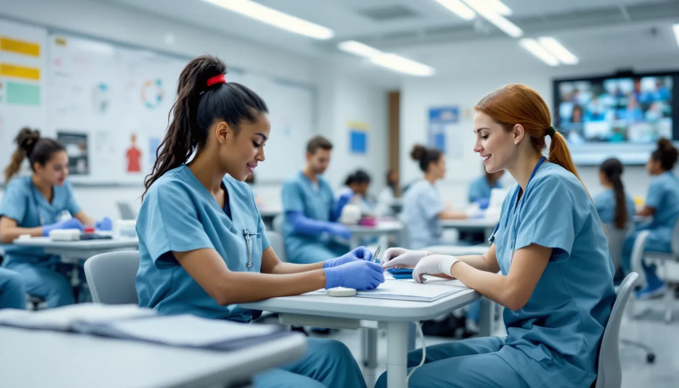 In a healthcare classroom setting, students are engaged in nurse assistant training, practicing basic nursing skills such as taking vital signs and providing direct patient care under supervision. This hands-on experience is essential for their successful completion of the program and preparation for the state certification exam to become certified nursing assistants (CNA).