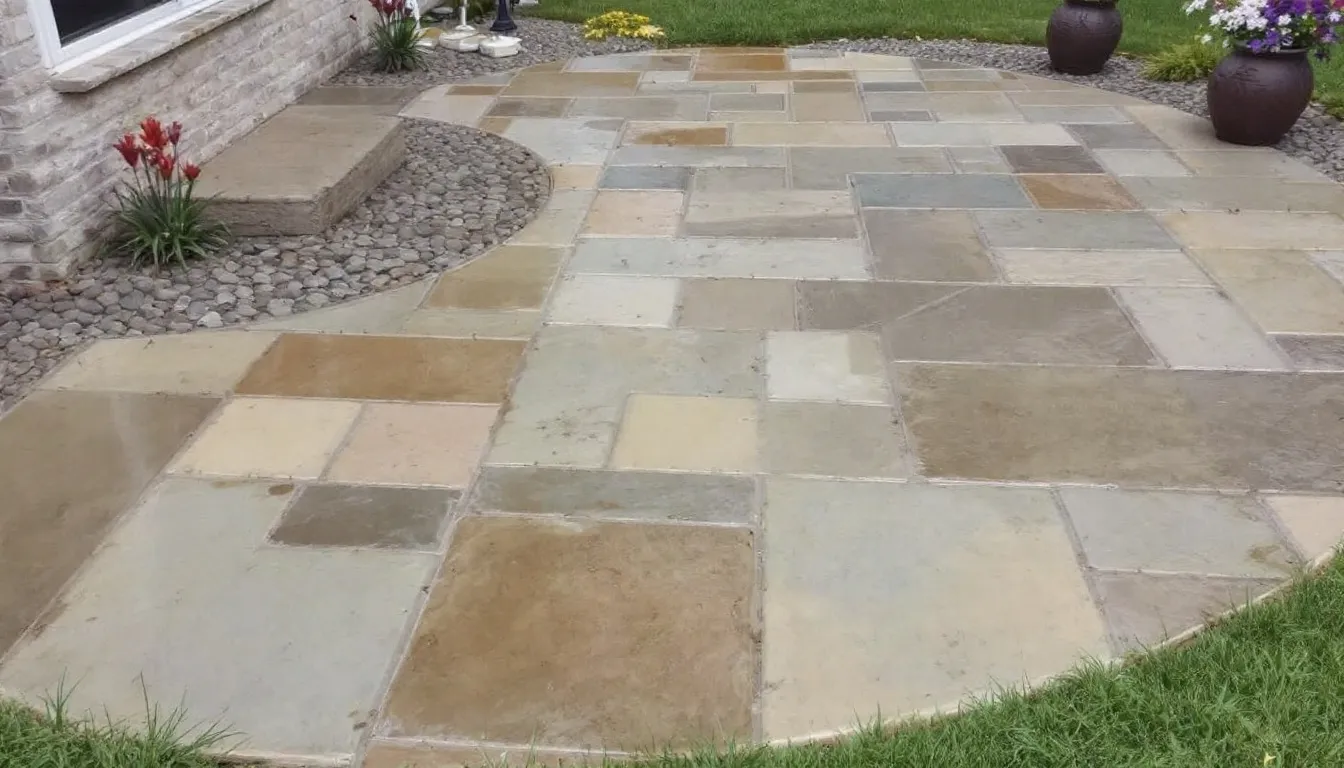 The image depicts a well-maintained natural stone patio, showcasing the results of proper cleaning and care, with elegant slate paving slabs and a clean, inviting outdoor space. The patio features a beautiful texture and a variety of natural stone options, enhancing the overall aesthetic of the garden.