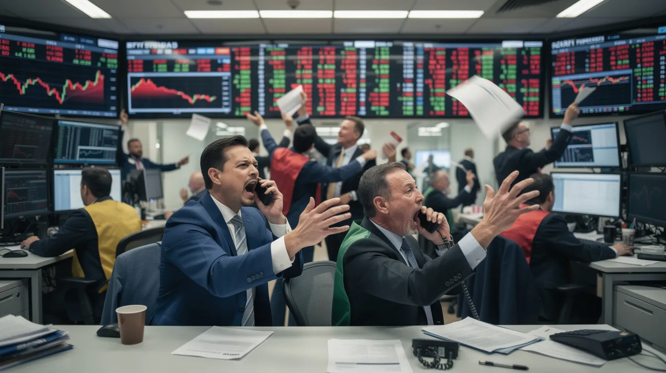The image depicts a chaotic stock exchange trading floor filled with people gesturing urgently, surrounded by large wall screens displaying flashing red indicators. This scene reflects the intense atmosphere of the financial services industry, highlighting the rapid fluctuations in financial data and the impact of artificial intelligence on market dynamics.