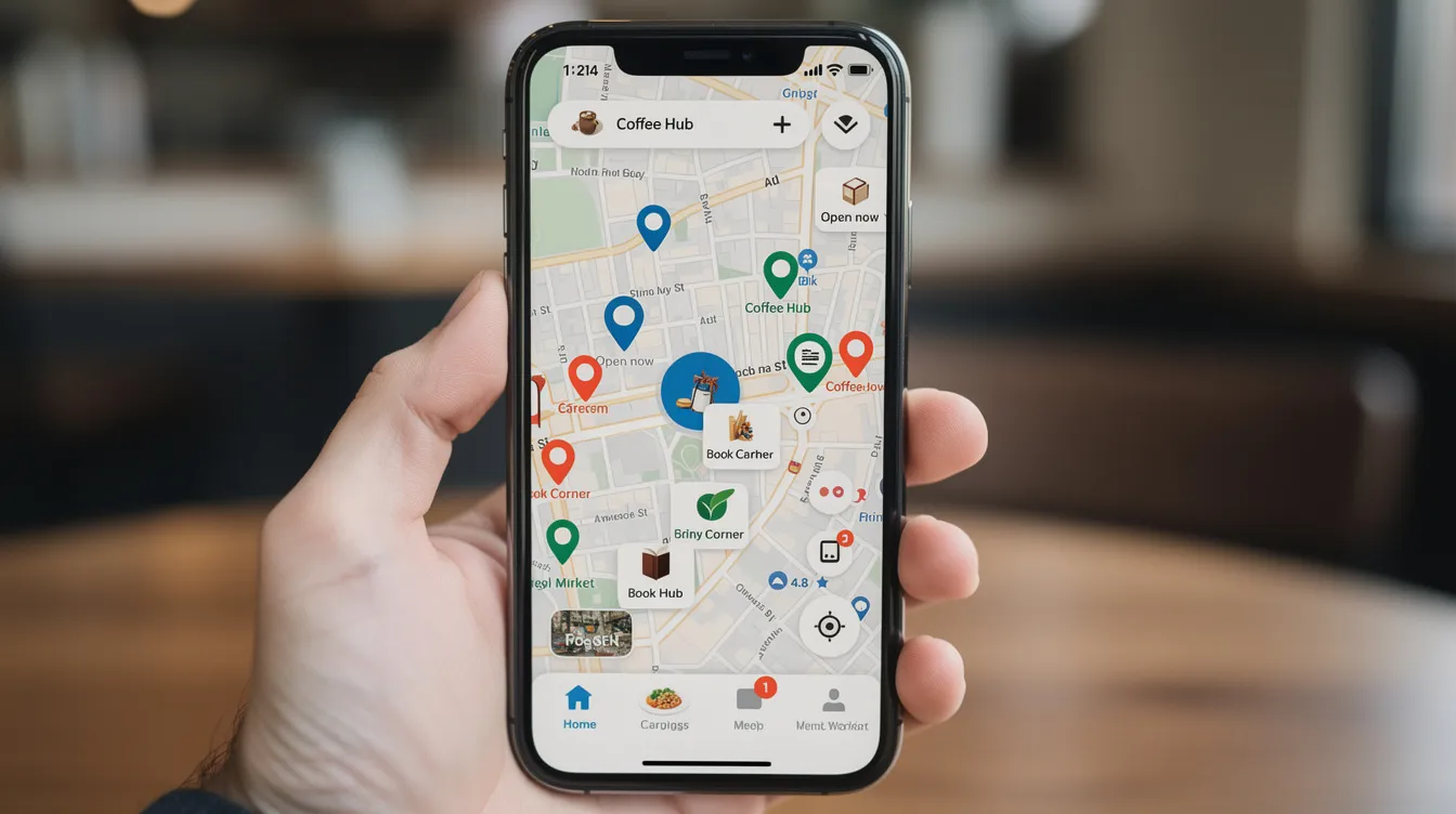 Smartphone screen with a map application featuring multiple location pins representing local businesses.