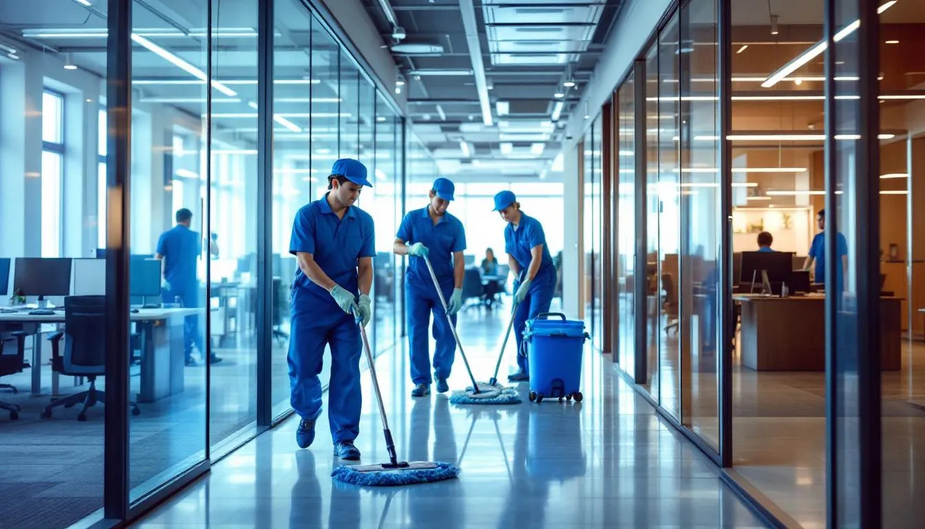 Commercial Rug Cleaning: Professional Services for Every Business Need 4 A commercial cleaning team is seen efficiently working in an office environment, employing various cleaning methods to minimize disruption during office hours. They focus on carpet cleaning and upholstery, ensuring superior results while addressing high traffic areas and eliminating dirt and stains.