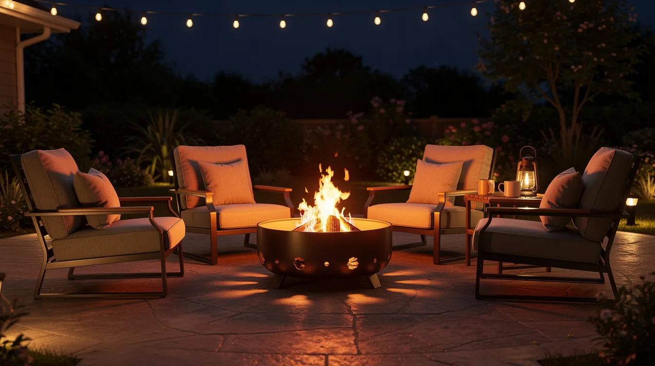 A cozy patio scene features a portable fire pit surrounded by outdoor chairs, all illuminated by warm ambient glow from nearby outdoor string lights. The inviting atmosphere is perfect for a nighttime gathering, enhancing the outdoor space for guests to enjoy.