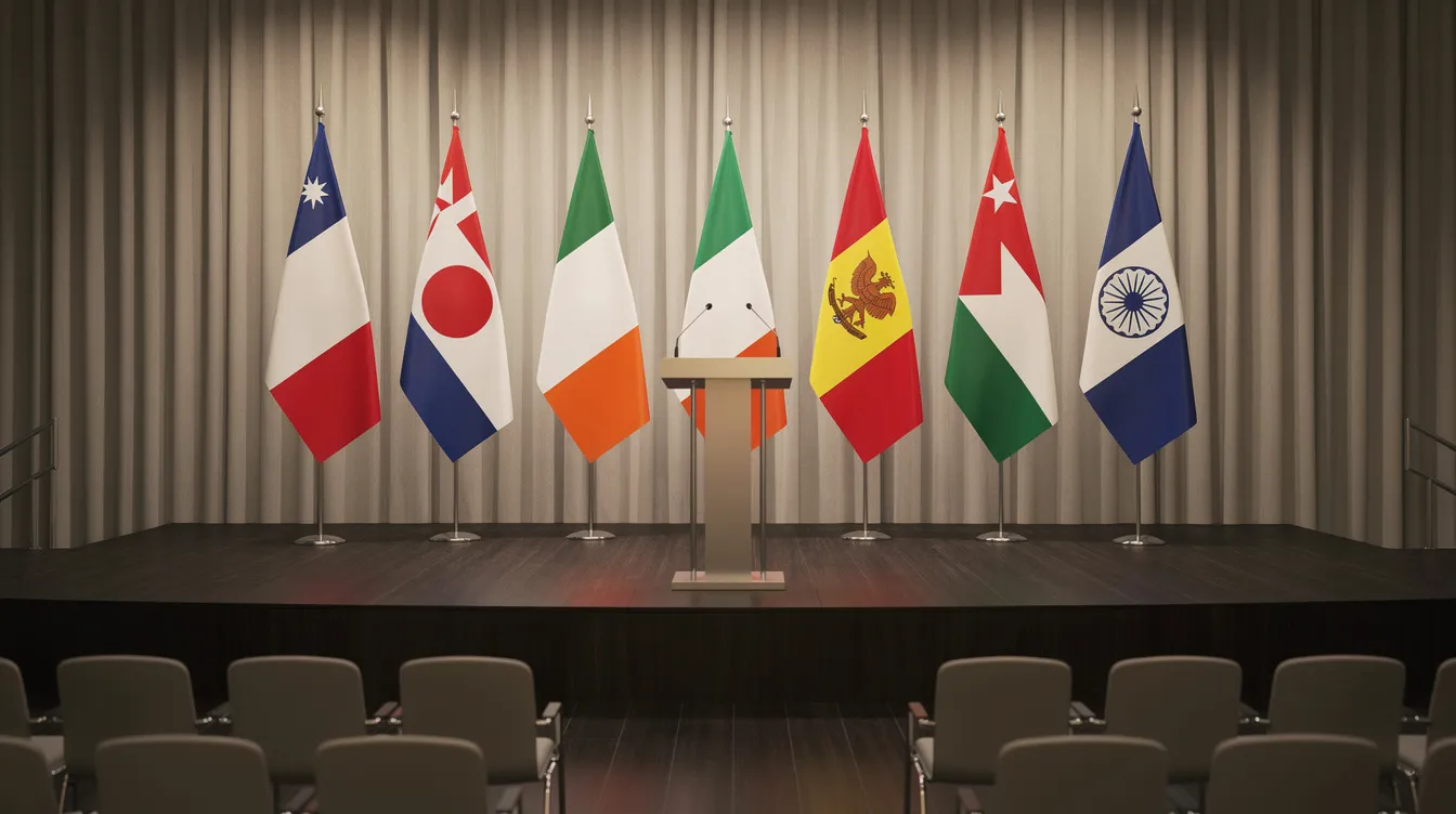 The image shows the national flags of seven countries arranged in a semicircle on a conference stage, symbolizing the gathering of world leaders at the G7 summit to discuss global issues such as international security and climate change. This setting reflects the collaborative efforts of member countries, including France, Germany, Italy, Japan, Canada, the United Kingdom, and the United States.