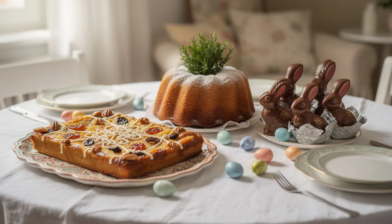 Na wielkanocnym stole znajdują się różnorodne słodycze, w tym tradycyjna babka, mazurek oraz czekoladowe figurki w kształcie jajek i zajączków, które idealnie sprawdzą się jako smakołyki dla dzieci i dorosłych podczas świąt. Kolorowe jajka i słodkie przekąski tworzą radosną atmosferę, zachęcając do wspólnego świętowania.