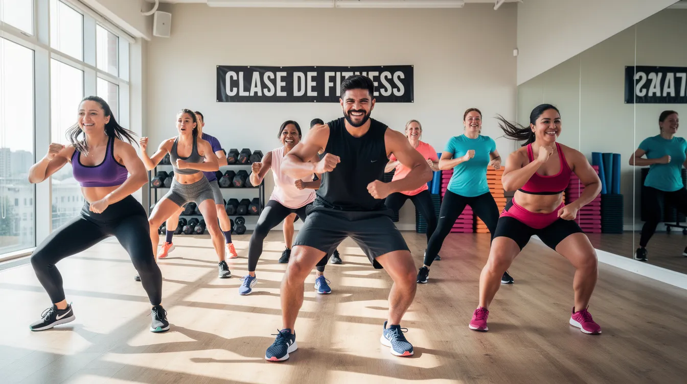 En la imagen se observa una clase grupal de fitness, donde varios participantes, llenos de energía y motivación, realizan ejercicios en un centro deportivo. La atmósfera es dinámica y positiva, reflejando el compromiso de los miembros por mejorar su salud y bienestar.