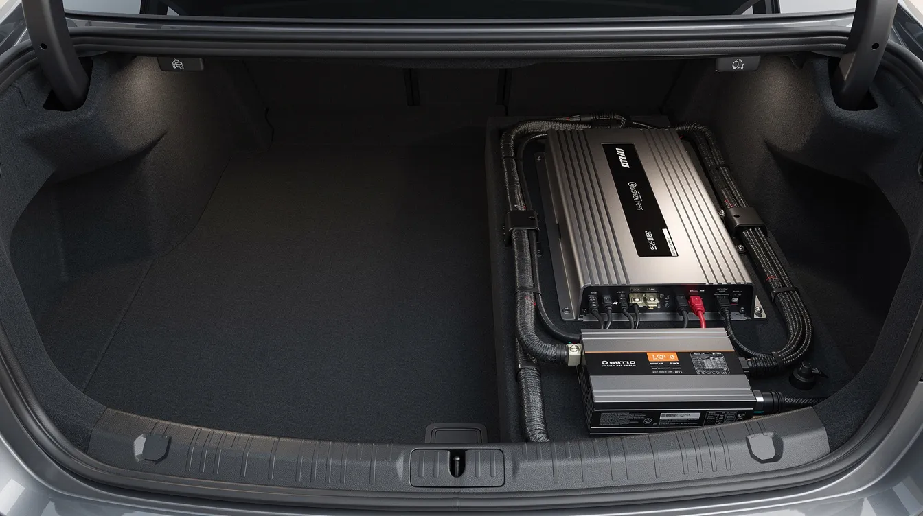 The image shows a modern car trunk featuring a compact amplifier and a lithium battery installed neatly, showcasing an upgraded car audio system. This setup highlights the electrical system's efficiency and reliability, essential for optimizing sound performance in vehicles.