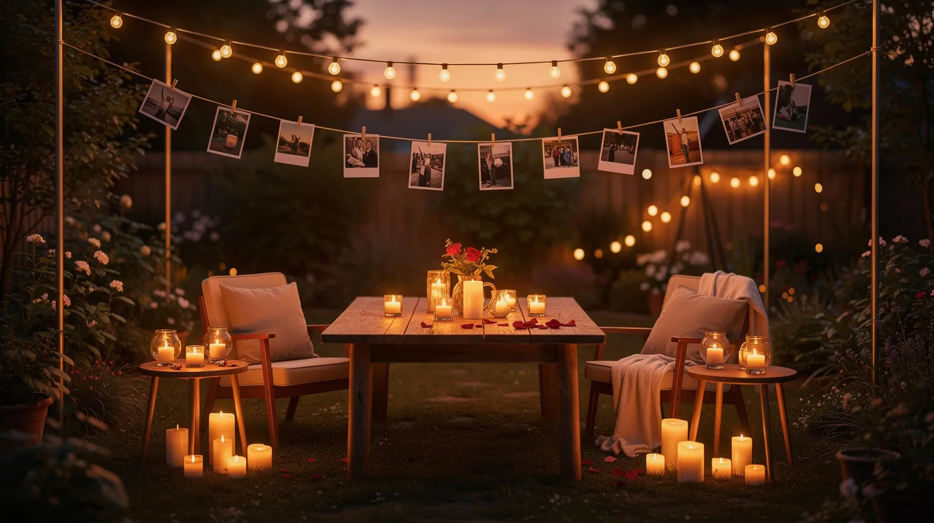 Personalized proposal setup with chairs, lighting, photos, candles and roses