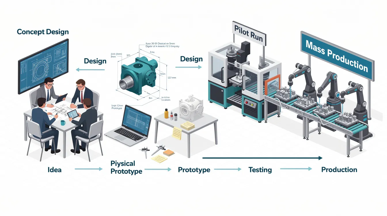 This image illustrates the journey of prototyping manufacturing, showcasing various stages from initial concept models to final production. It features elements of rapid prototyping, including 3D printing and CNC machining, highlighting the importance of functional prototypes and iterative design processes in the product development cycle.