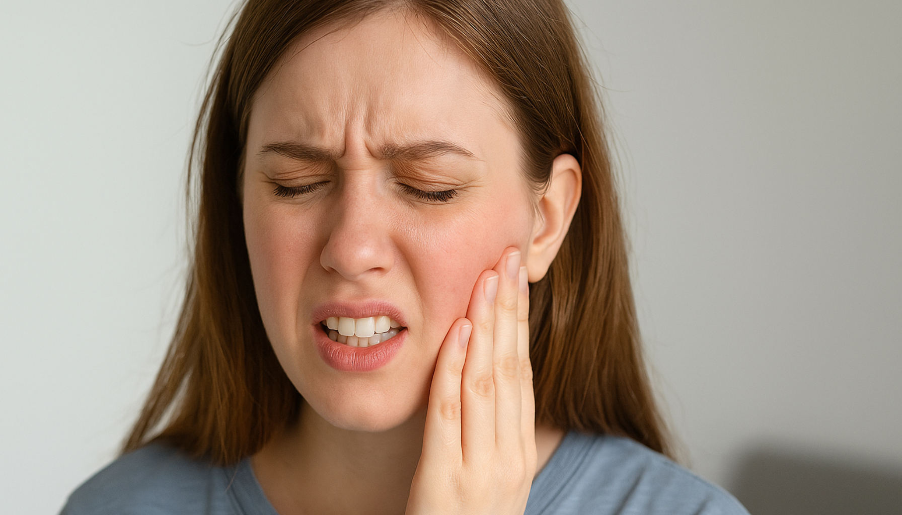 Ung kvinne holder seg til kinnet med synlig smerte etter tanntrekking.