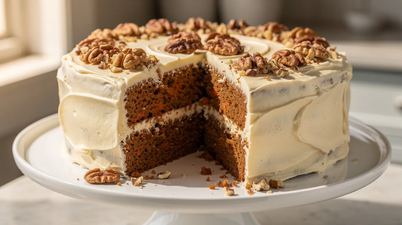 A beautifully layered carrot cake topped with rich cream cheese frosting and garnished with walnuts sits elegantly on a cake stand, making it a perfect dessert for Easter brunch or dinner. This delicious cake embodies the fresh flavors of spring, ideal for any festive Easter table.