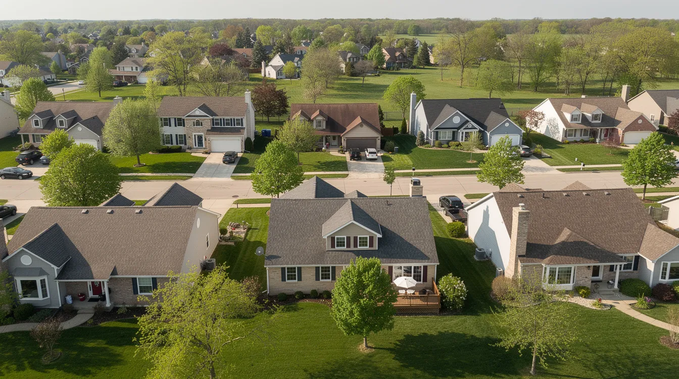 An aerial view of a suburban neighborhood in Southeast Michigan showcases a variety of residential roof styles, including colonial and ranch homes, highlighting common roofing materials such as asphalt shingles and metal roofing. This diverse landscape reflects the average roof replacement cost and the importance of selecting the right roofing contractor for roof replacement projects in the area.