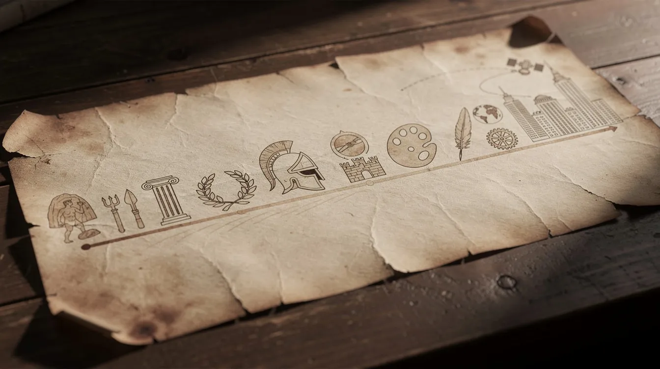 Na starym pergaminie narysowana jest oś czasu z symbolami r&oacute;żnych epok historycznych, co tworzy wizualną reprezentację historii. Całość ma charakterystyczny wygląd, przypominający pierwszą stronę zeszytu, co dodaje jej unikalnego klimatu.