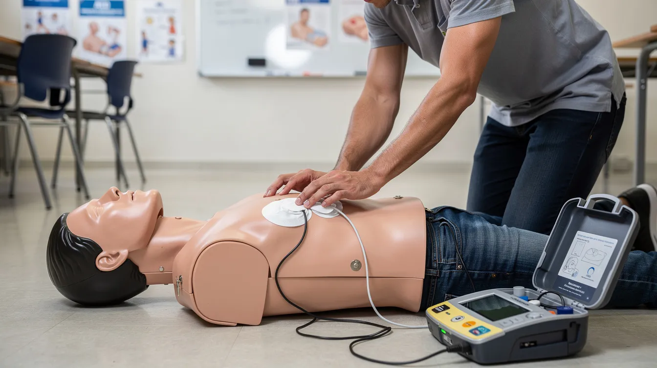 A person is practicing AED pad placement on a CPR training mannequin in a classroom setting, demonstrating the use of an automated external defibrillator (AED) for cardiac emergencies. This training is essential for first responders and community members to effectively respond to sudden cardiac arrest situations and potentially save lives.