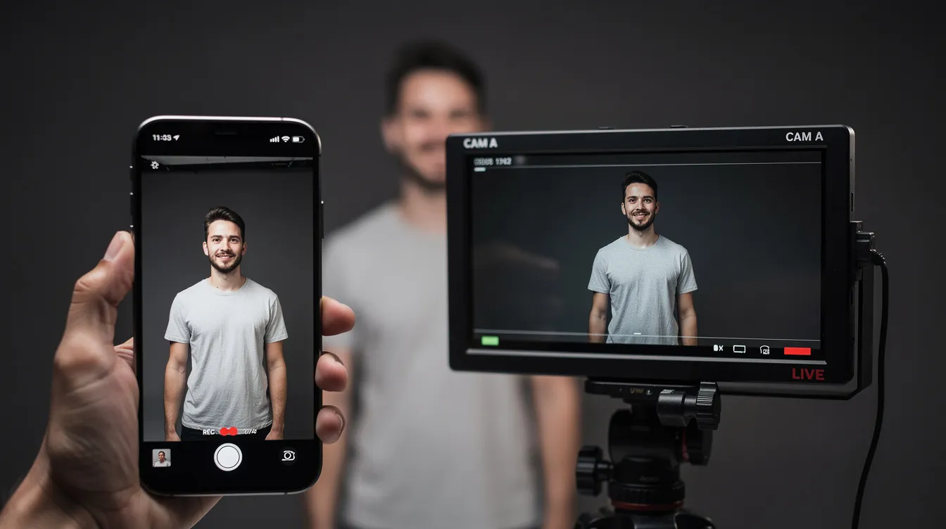 Das Bild zeigt ein Smartphone, das hochkant gehalten wird und eine Person filmt, während daneben ein klassischer Filmmonitor im Querformat dieselbe Szene zeigt. Die unterschiedlichen Kameraeinstellungen und Bildausschnitte verdeutlichen die Vielfalt der filmischen Darstellung in dieser Sequenz.