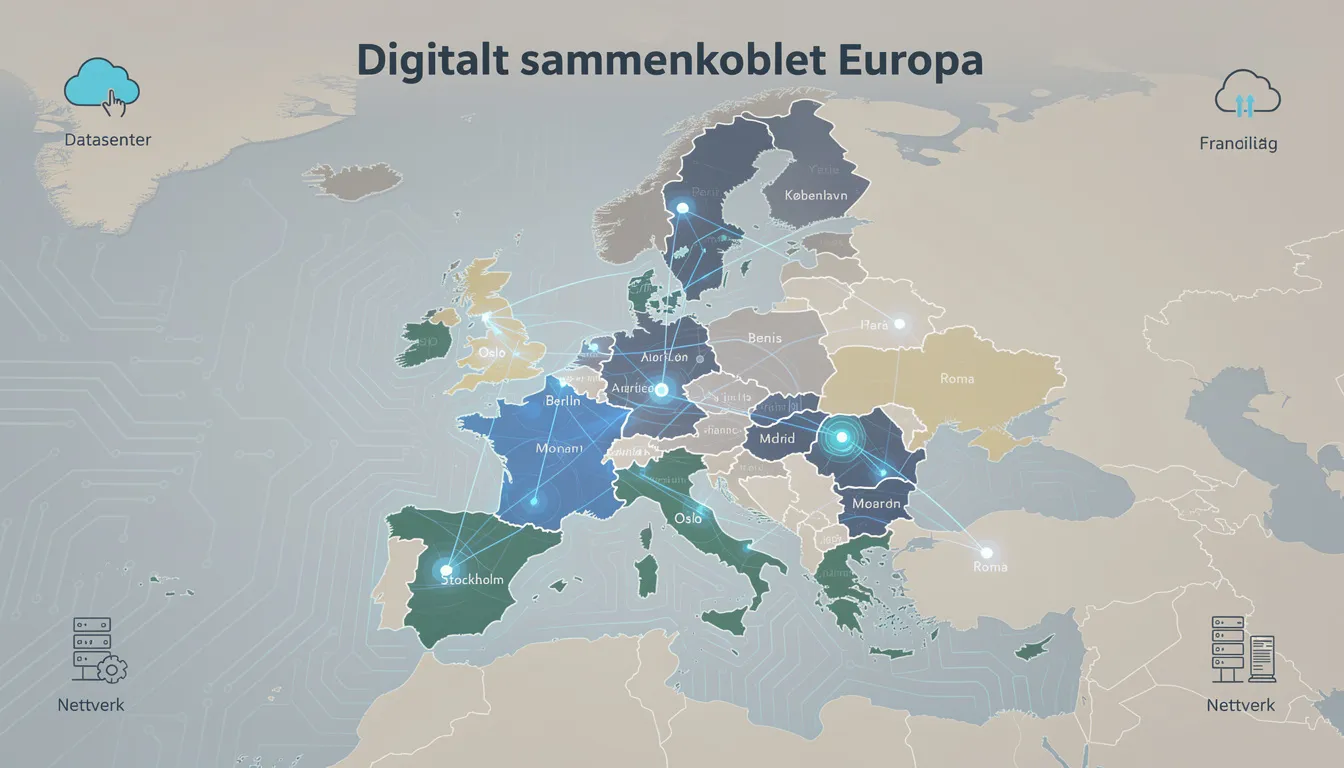 Illustrasjonen viser et detaljert kart over Europa med digitale forbindelser mellom landene, som symboliserer samarbeid og kommunikasjon i digitale markeder. Kartet fremhever viktigheten av brukerens samtykke i datainnsamling og administrasjon, noe som er sentralt i moderne teknologi og markedsføring.